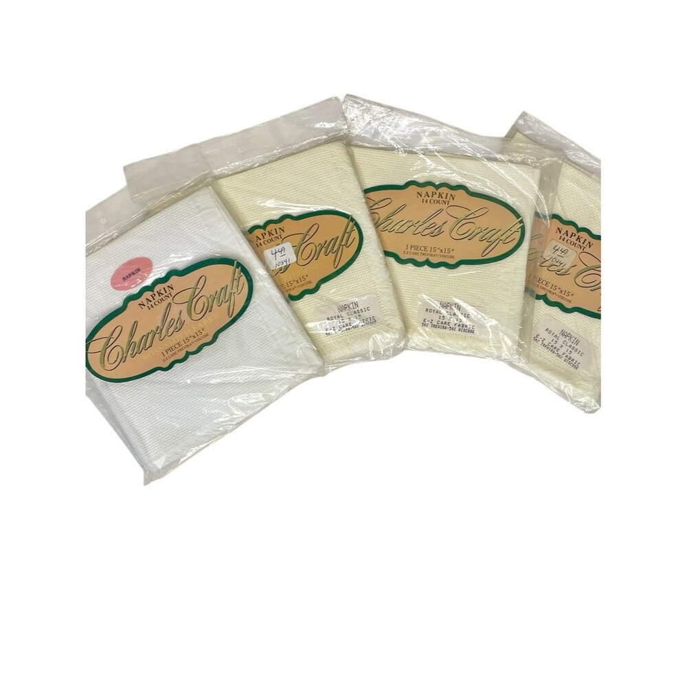 Charles Craft Cross Stitch Lot Fabric Napkin 14 Ct 15 x 15 Vtg New White Ivory
